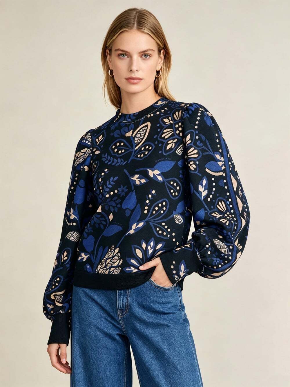 NWOT Farm Rio Botanical Print Puff Long Sleeve Crop Sweatshirt Size XS